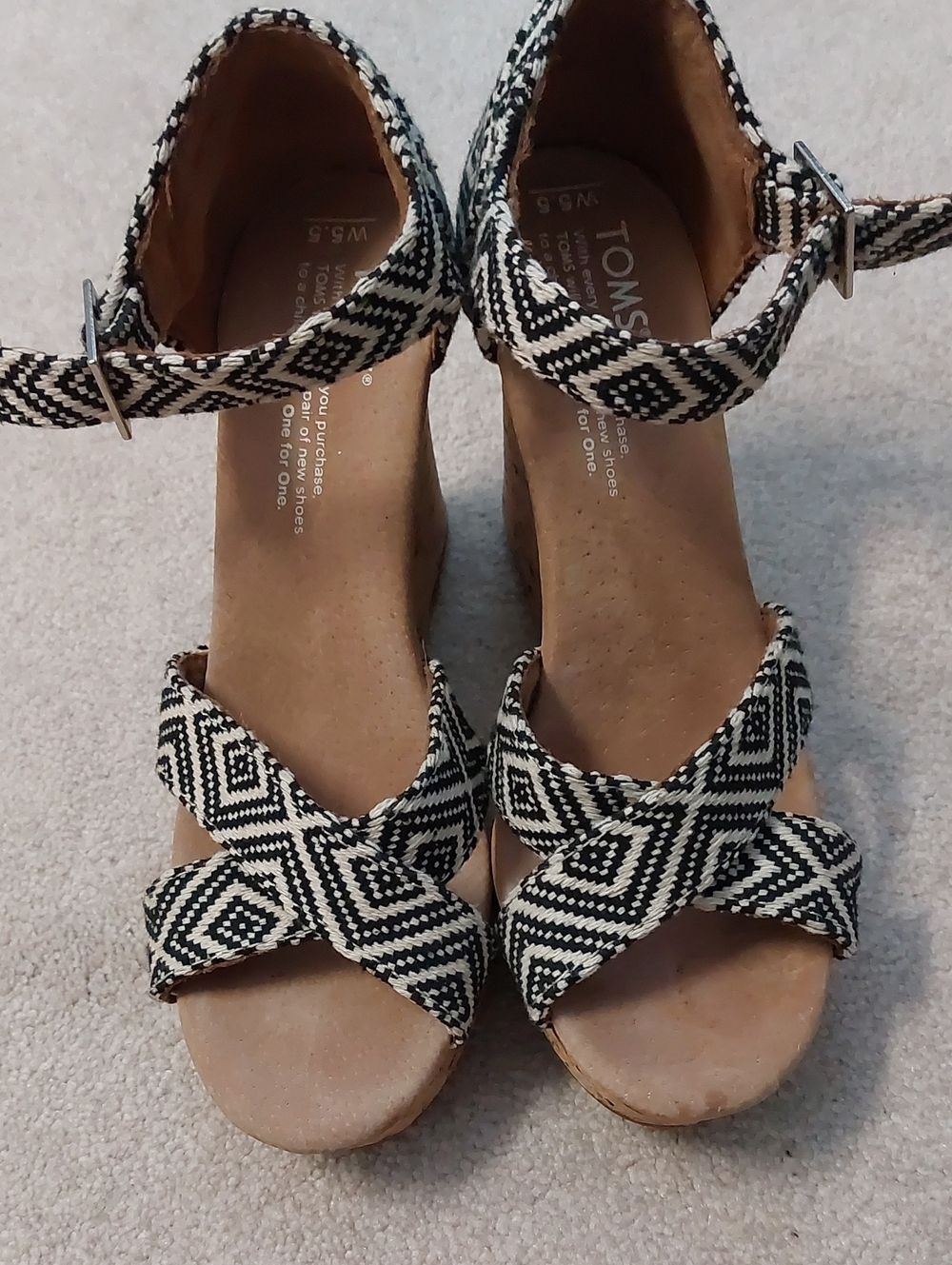 TOMS Black & White Geometric Ankle-Strap Wedges